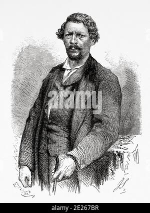 Portrait of Jim Bekwith, American mulatto, initially a prisoner then leader of a Sioux tribe who died at Fort Laramie in 1867, United States of America. Journey to the American far west by Simonin 1867. Old engraving El Mundo en la Mano 1878 Stock Photo