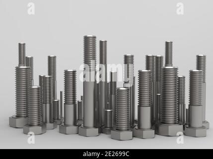 A 3d render of an group of different size of stainless steel bolts Stock Photo