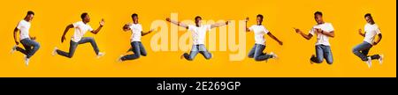 Funny African Guy Jumping Posing Having Fun, Yellow Background, Collage Stock Photo