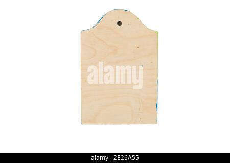Handmade wooden rectangular cutting board. It is isolated in a white background. Close-up. Stock Photo