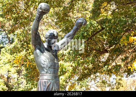 The Rocky Statue in Philadelphia, USA. The statue depicts Rocky Balboa, the fictional world heavyweight champion from Rocky movies. Stock Photo