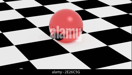 Red reflecting sphere lies on the chessboard. 3d illustration. 3d rendering. Stock Photo