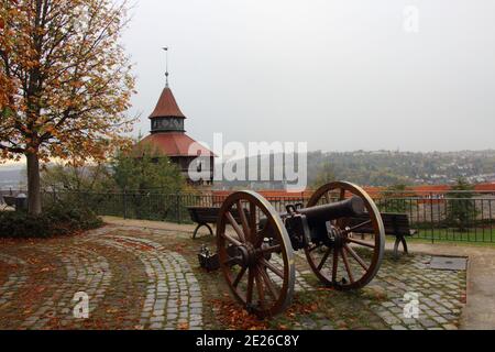 GERMANY, ESSLINGEN AM NECKAR, OCTOBER 24, 2017: Cannon on the square of Esslingen Castle, in front of the Big Tower. Stock Photo