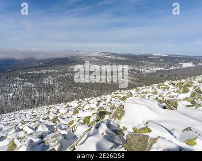 View of Mount Rachel.  Winter at Mount Lusen in National Park Bavarian Forest (Bayerischer Wald), Europe, Central Europe, Germany, Bavaria Stock Photo