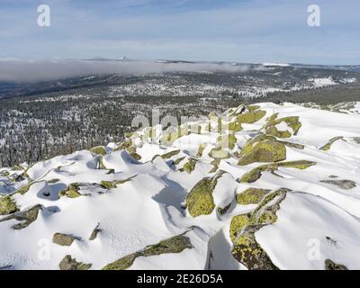 View of Mount Rachel.  Winter at Mount Lusen in National Park Bavarian Forest (Bayerischer Wald), Europe, Central Europe, Germany, Bavaria Stock Photo