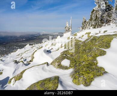 View from peak of Mount Lusen.  Winter at Mount Lusen in National Park Bavarian Forest (Bayerischer Wald), Europe, Central Europe, Germany, Bavaria Stock Photo