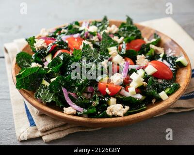 Homemade Greek style kale salad with home made vegan feta