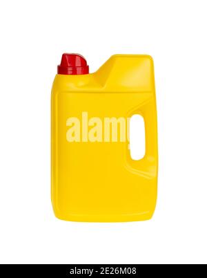 Yellow plastic dishwasher detergent powder or liquid detergent container isolated on white background with clipping path. Stock Photo