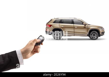 Male hand in a suit unlocking a SUV with a remote key isolated on white background Stock Photo