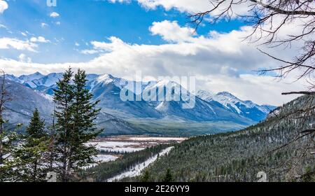 Banff National Park beautiful landscape in winter. Frozen Vermilion Lakes and Snow-covered Canadian Rocky Mountains. Alberta, Canada. Stock Photo
