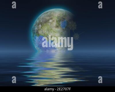 Terraformed Luna rises over water. 3D rendering Stock Photo