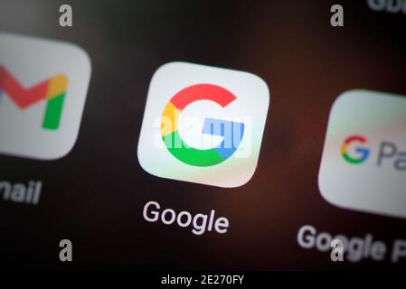 Wroclaw, Poland - NOV 30, 2020: Google is most popular search engine. Google app icon on Android system Stock Photo