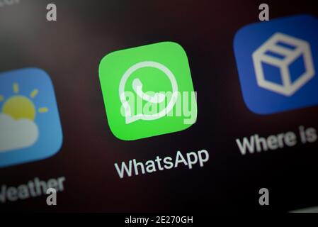 Wroclaw, Poland - NOV 30, 2020: WhatsApp icon on Android system. WhatsApp is an instant messaging service developed by Facebook Stock Photo