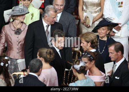 French president Sarkozy alongside Bernadette Chirac greets Princess Caroline and Princess Stephanie's children as arriving for the official dinner following the religious wedding of Prince Abert II of Monaco to Charlene Wittstock at Monte-Carlo Opera House in Monaco on July 2, 2011. The celebrations are attended by a guest list of royal families, global celebrities and heads of states. Photo by ABACAPRESS.COM Stock Photo