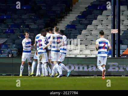 Queens Park Rangers' Macauley Bonne celebrates with teammates after scoring his sides second goal of the game during the Sky Bet Championship match at Kenilworth Road, Luton. Stock Photo