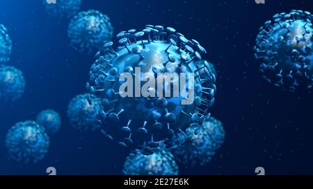 Group of virus cells. 3D illustration of Coronavirus cells Covid-19 mutation Stock Photo