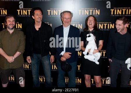 Director Steven Spielberg, Producers Peter Jackson and Kathleen Kennedy, Gad Elmaleh and Jamie Bell attending the french premiere of the movie 'The Adventures of Tintin : Secret of the Unicorn' held at the Royal Monceau Hotel in Paris, France on July 19, 2011. Photo by Nicolas Genin/ABACAPRESS.COM Stock Photo