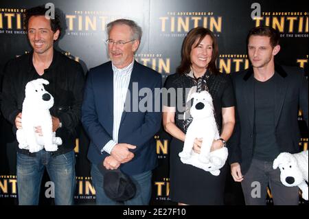 Director Steven Spielberg, Producer Kathleen Kennedy Gad Elmaleh and Jamie Bell attending the french premiere of the movie 'The Adventures of Tintin : Secret of the Unicorn' held at the Royal Monceau Hotel in Paris, France on July 19, 2011. Photo by Nicolas Genin/ABACAPRESS.COM Stock Photo