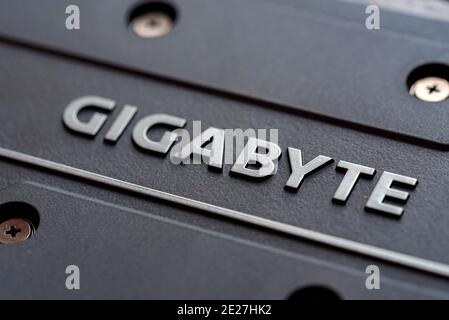 ROSTOV-ON-DON, RUSSIA - CIRCA DECEMBER 2019: close up shot of Gigabyte Technology logo. Gigabyte Technology (branded as GIGABYTE or sometimes GIGA-BYT Stock Photo