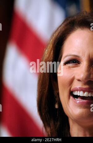 Republican presidential candidate Michele Bachmann (R-Minn.) speaks at a National Press Club luncheon in Washington, DC, USA on July 28, 2011. Bachmann again brushed off warnings from leaders in both parties that the country would face disastrous economic consequences if the government fails to raise the debt ceiling by next Tuesday. Photo by Olivier Douliery/ABACAPRESS.COM Stock Photo