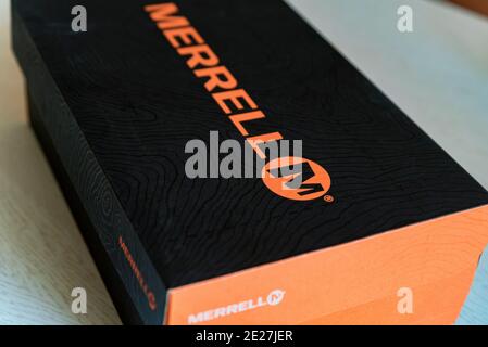 ROSTOV-ON-DON, RUSSIA - CIRCA OCTOBER 2019: A shoe box featruing Merrell logo or symbol. Merrell is an American footwear company founded in 1981 as a Stock Photo