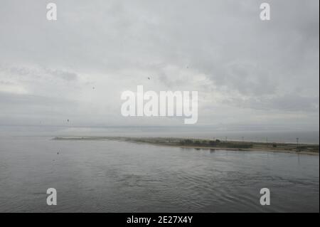View of Sandy Hook State beach and the Sandy Hook Bay Marina from atop of the Sandy Hook Bay Bridge beach hours before the arrival of Hurricane Irene at the Highlands in New Jersey, NY, USA on August 27, 2011. Photo by Graylock/ABACAPRESS.COM Stock Photo