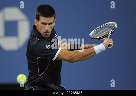 Serbia's Novak Djokovic in action against Russia's Nikolay Davydenko during Day 6 at the US Open, at Flushing Meadows, New York City, NY, USA, September 3, 2011. Photo by Mehdi Taamallah/ABACAPRESS.COM Stock Photo