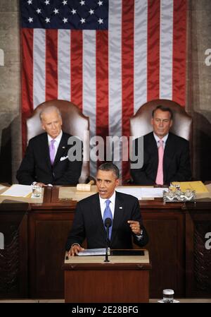 President Barack Obama addresses a Joint Session of Congress at the U.S. Capitol September 8, 2011 in Washington, DC, USA. Obama addressed both houses of the U.S. legislature to highlight his plan to create jobs for millions of out of work Americans. Photo by Olivier Douliery/ABACAPRESS.COM Stock Photo