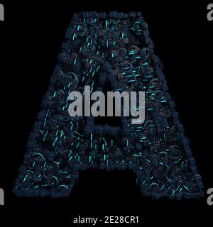 Letter A formed by metallic parts with blue light with the appearance of a futuristic machine on a black background. 3D illustration Stock Photo