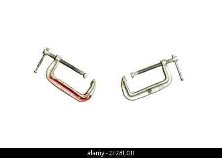 Two old C-Clamps on a white background Stock Photo