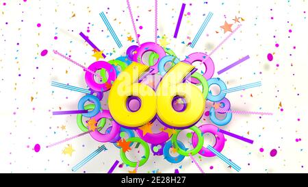 Number 66 for promotion, birthday or anniversary on an explosion of confetti, stars, lines and circles of purple, blue, yellow, red and green colors o Stock Photo