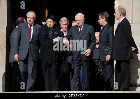 Frederic Mitterrand, Zizi Jeanmaire, Alain Delon and Pierre Berge attending a tribute mass for French choreographer Roland Petit held at Saint Roch church in Paris, France on September 23, 2011. Photo by Nicolas Briquet/ABACAPRESS.COM Stock Photo