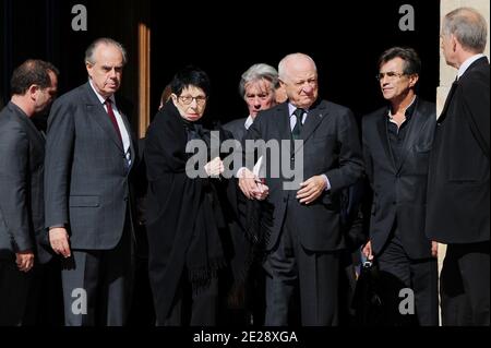 Frederic Mitterrand, Zizi Jeanmaire, Alain Delon and Pierre Berge attending a tribute mass for French choreographer Roland Petit held at Saint Roch church in Paris, France on September 23, 2011. Photo by Nicolas Briquet/ABACAPRESS.COM Stock Photo