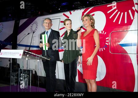 President of SNCF Guillaume Pepy, French minister of Ecology, Sustainable Development, Transports and Housing Nathalie Kosciusko-Morizet and French actress Michele Laroque attending the TGV 30th anniversary celebration held at the Gare de Lyon on September 24, 2011 in Paris, France. Photo by Nicolas Genin/ABACAPRESS.COM Stock Photo