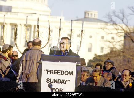 United States Senator Daniel Inouye (Democrat of Hawaii) speaks at the 'Campaign to the Summit', a march on Washington, D.C. supporting freedom for Jews living in the Soviet Union, on Sunday, December 6, 1987. 200,000 people marched to focus attention on the repression of Soviet Jewry, was scheduled a day before United States President Ronald Reagan and Soviet President Mikhail Gorbachev began a 2 day summit in Washington where they signed the Intermediate Range Nuclear Forces (INF) Treaty.Photo by Ron Sachs / CNP/ABACAPRESS.COM Stock Photo