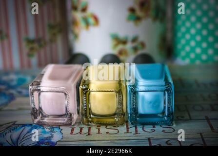Pastel nail polish in 3 different colors Stock Photo