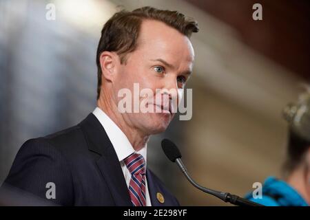 Austin, Texas January 12, 2021: Newly-elected House Speaker DADE PHELAN speaks to the Texas House during opening ceremonies as the 87th Legislature gets down to work. Lawmakers are facing large deficits due to the coronavirus pandemic in attempts to balance the budget. Credit: Bob Daemmrich/Alamy Live News Stock Photo