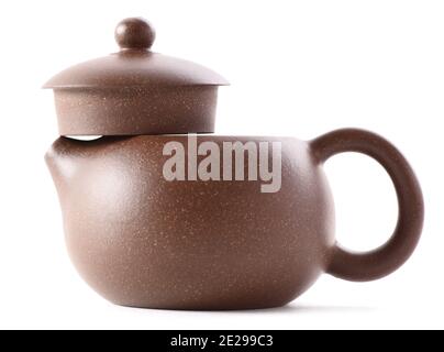 Chinese brown clay teapot for tea ceremony isolated on white background side view Stock Photo