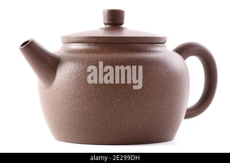 Chinese teaware. Brown clay teapot isolated on white background side view closeup Stock Photo