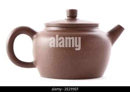Chinese teaware. Brown clay teapot isolated on white background side view closeup Stock Photo