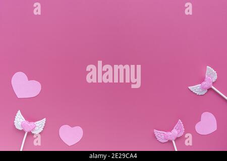 Pink and white hearts on purple background. Valentine day. Copy space. The concept of holidays and love, congratulation. Greeting card template design Stock Photo