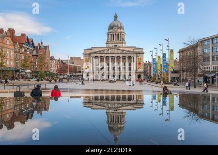 The imposing Nottingham Council House stands high above Nottingham's city centre acting as a backdrop to Nottingham's Old Market Square.