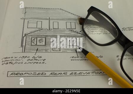 Graphite pencil drawing of an extension, adding a home work space to a house concept Stock Photo