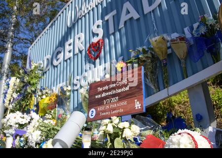 General overall view of flowers and signs placed outside Dodger Stadium to  honor former Los Angeles Dodgers manager Tommy Lasorda, Sunday, Jan. 10, 20  Stock Photo - Alamy