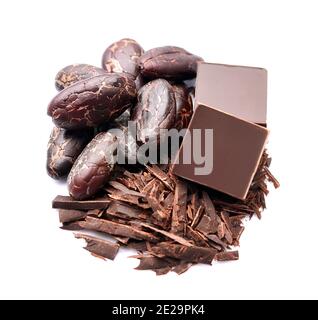 Cacao beans and dark chocolate isolated on white backgrounds. Stock Photo