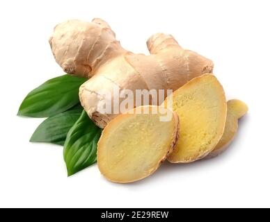 Ginger root spice with leaves isolated on white backgrounds. Stock Photo
