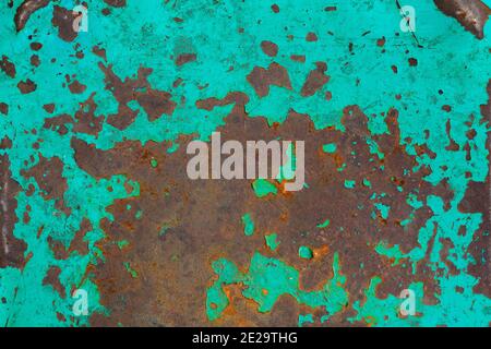 Rusted painted steel background. High resolution image of rusted blue abstract texture. Corroded turquoise color paint metal backdrop. Aqua blue paint Stock Photo