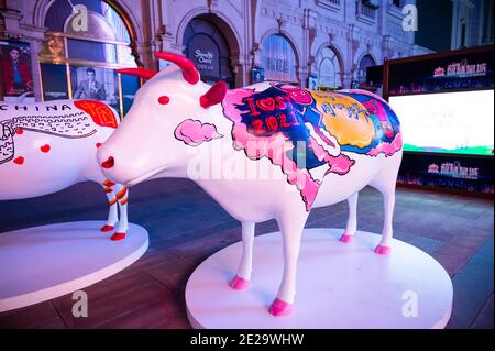 Shenyang, Shenyang, China. 13th Jan, 2021. Liaoning, CHINA-More than 10 painted oxen are displayed on a pedestrian street in Shenyang, Liaoning province, Jan 11, 2021, to welcome the Lunar New Year of the Ox.The ''Painted Cow'' is led by a huge red bull, followed by more than 10 ''Painted Cow'' with different themes such as the Shenyang Imperial Palace, blue and white porcelain, traditional New Year pictures, auspicious clouds and lucky characters, adding a festive atmosphere to the streets of Shenyang. Credit: SIPA Asia/ZUMA Wire/Alamy Live News Stock Photo