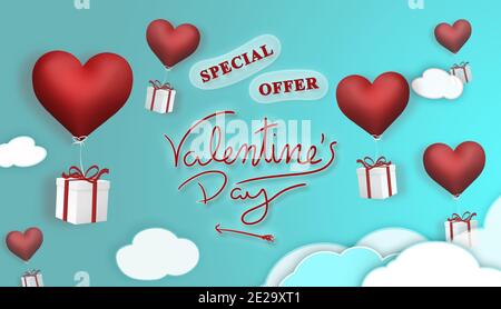Valentine's day special offers promo card illustration with gifts hanging on red heart-shaped balloons flying through a blue sky with clouds Stock Photo