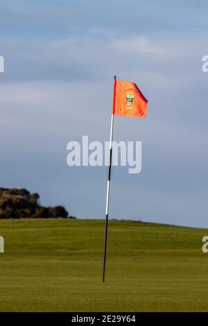 A golf flag fluttering in the wind at Crail Golf Course, Fife, Scotland. Stock Photo